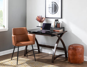 English Elm Cobbler Brown Leather Industrial Pouf Ottoman by LumiSource — Plush Recycled Cotton Fill, 17" Round B202P223718