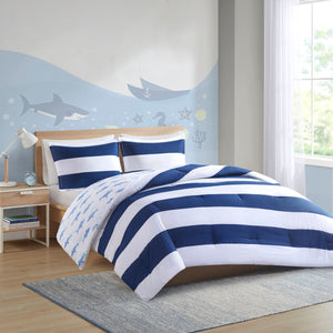 Urban Habitat Kids Sammie Casual Cotton Cabana Stripe Reversible Comforter Set with Shark Reverse UHK10-0193 Navy