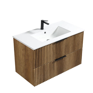 English Elm 36 Inch Floating Bathroom Vanity Fluted Wood Grain Panel with Ceramic Integrated Sink W3520S00045