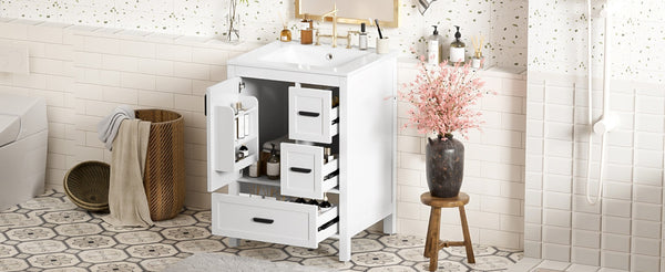 English Elm Modern 24 Inch Bathroom Vanity Solid Wood Cabinet with Ceramic Sink and Soft Close Storage White N729P292859K