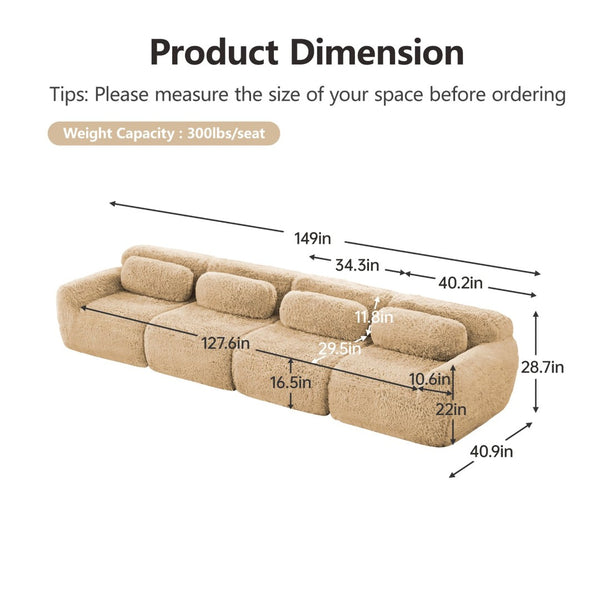 English Elm 149'' Plush Modular Cloud Sofa Boneless Ergonomic Design for Home Theater Lounge Light Khaki W714S01571