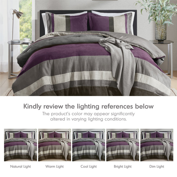 JLA Home Comfort Spaces - Pieced Faux Suede Comforter Set with Transitional Pieced Stripe, Lightweight Warmth & Machine Washable Purple AM10-0293