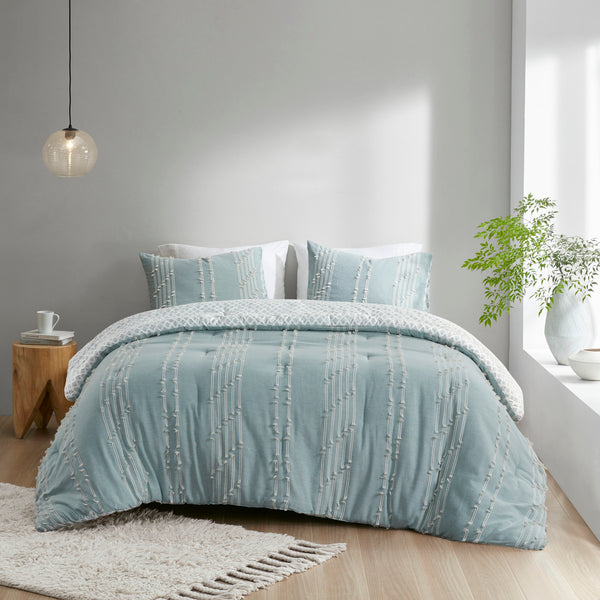 English Elm 3 INK+IVY Kara Cotton Jacquard Comforter Set Full/Queen — Eco OEKO-TEX Stripe & Diamond Reversible Design Aqua 22.44 L x 21.65 W x 13.39 H B03596412