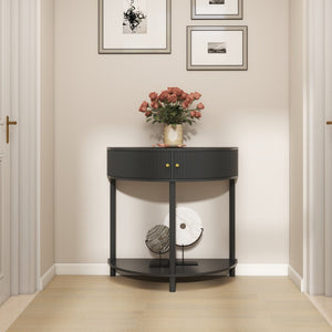 English Elm Artisan-crafted Demi-lune Console Sculptural Wave Drawers Vanilla Lacquer Hallway Accent Dark Gray W2557P329371