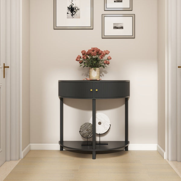 English Elm Artisan-crafted Demi-lune Console Sculptural Wave Drawers Vanilla Lacquer Hallway Accent Dark Gray W2557P329371