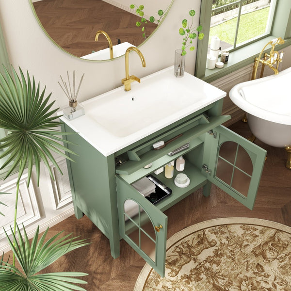 English Elm 35.6" Freestanding Bathroom Vanity with Roman Column Base and Ceramic Integrated Sink Green W1801S00014