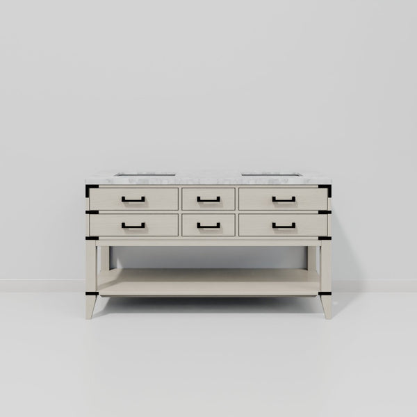 English Elm White Oak Double Bath Vanity 60" W With Elegant Carrara Marble Top & Ample Storage Solutions B2731P260277-GIGA