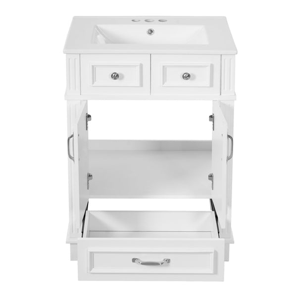 English Elm 24'' Retro Bathroom Vanity Solid Rubberwood Frame Ceramic Sink Soft Close Storage White N710P405405K