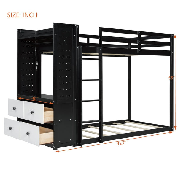 English Elm Twin Bunk Bed with Storage Drawers Hanging Rail Led Shelves and Pegboard Organizer Black LT000282AAB