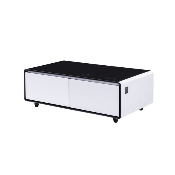 English Elm Modern Smart Coffee Table with Built-in Dual Fridge, Bluetooth Speakers, 15W Wireless Charge, RGB Lights White+Black W1172P320208