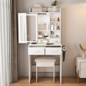 English Elm Small Makeup Vanity Desk with LED Mirror, USB/AC Ports, Hair Dryer Stand, Stool & Hidden Storage W2699P296515