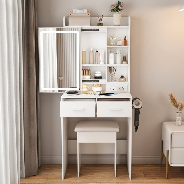 English Elm Small Makeup Vanity Desk with LED Mirror, USB/AC Ports, Hair Dryer Stand, Stool & Hidden Storage W2699P296515