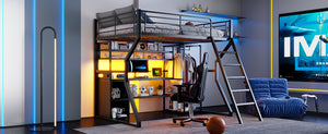 English Elm Full Size Metal Gaming Loft Bed With Workstation, Led Lights, Storage Solutions & Open Wardrobe N7090000666B
