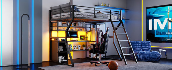 English Elm Full Size Metal Gaming Loft Bed With Workstation, Led Lights, Storage Solutions & Open Wardrobe N7090000666B