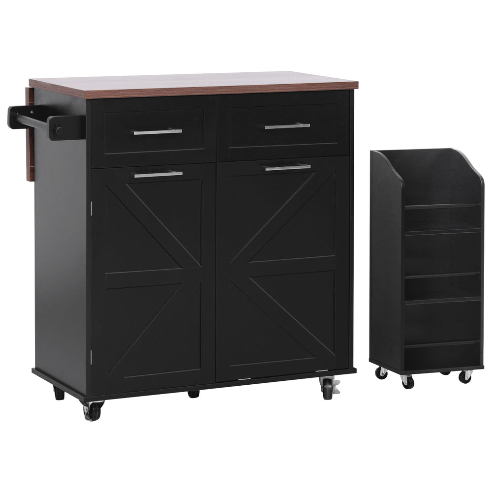 English Elm K&K 47.2" Farmhouse Kitchen Island with Drop Leaf, Removable Side Shelf, Trash Cabinet, Wheels Black N707P307296B