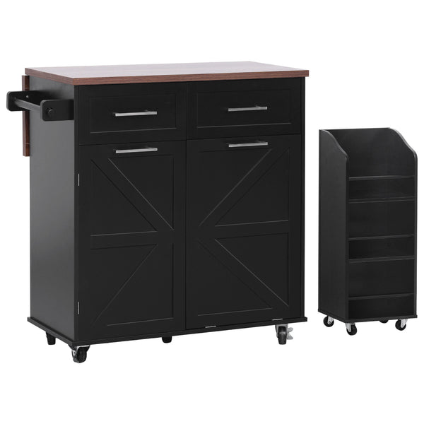 English Elm K&K 47.2" Farmhouse Kitchen Island with Drop Leaf, Removable Side Shelf, Trash Cabinet, Wheels Black N707P307296B