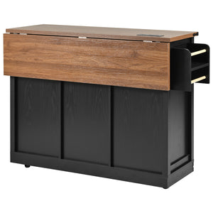 English Elm K&K 53.7" Farmhouse Kitchen Island with Drop Leaf, Sliding Barn Doors, Built-In Power & Wheels Black N707P170347B