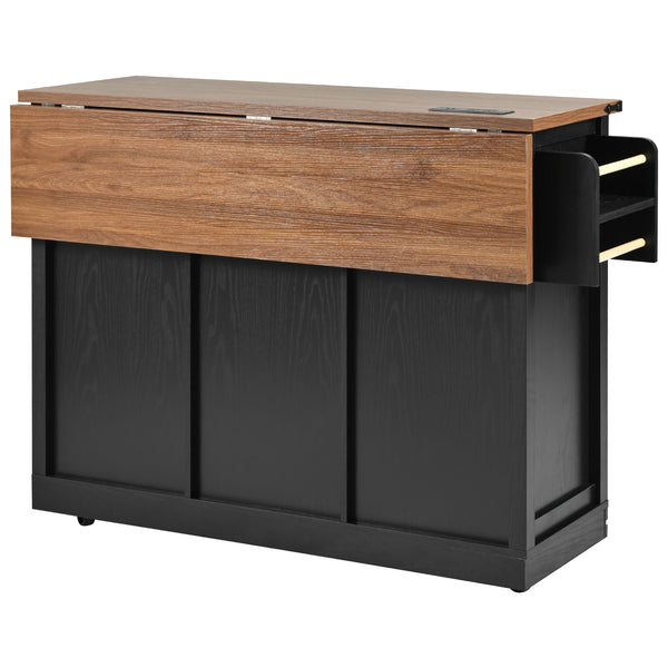 English Elm K&K 53.7" Farmhouse Kitchen Island with Drop Leaf, Sliding Barn Doors, Built-In Power & Wheels Black N707P170347B