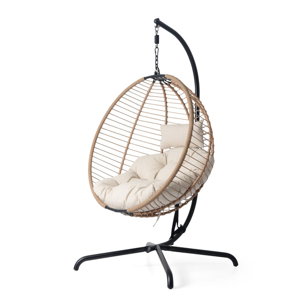 English Elm Christopher Knight Home® - Sora Beige-Brown Wicker Hanging Chair with Stand — Durable PE Rattan, Iron Frame, Plush Fade-Resist Cushion N775P225487B
