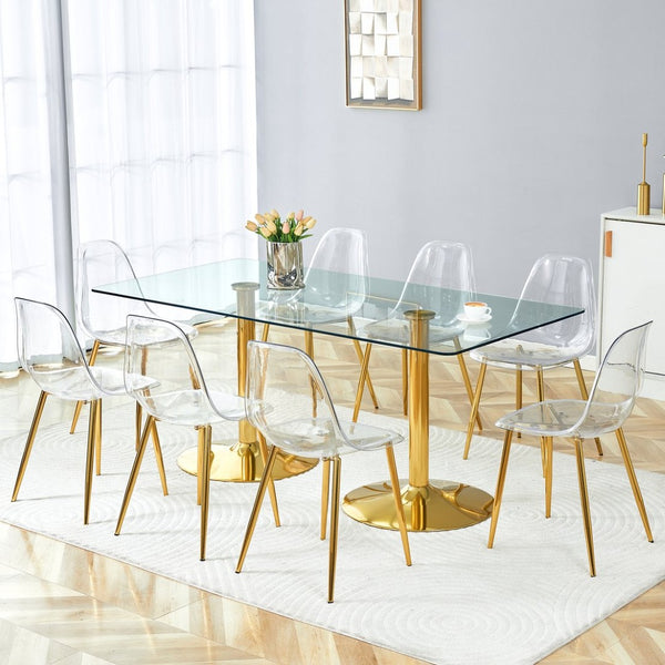 English Elm Table and Chair Set Tempered Glass Top with Gold Leg Ghost Seats for Dining Room W1151S04559