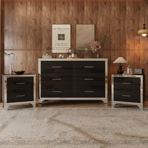 English Elm 3-Pieces Modern Dresser and Two Nightstands with Mirrored Trim, Metal Handles, Spacious Storage Black 55.71 L x 19.29 W x 10.63 H N733S205355B