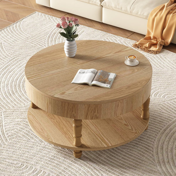 English Elm Coffee Round Flip-Top Coffee Table with Hidden Storage and Open Shelf, Modern Living Room Chest Natural Wood W1445P341371