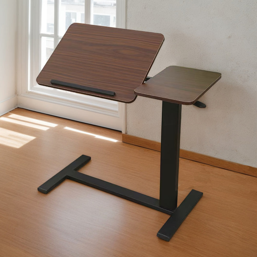 English Elm Bedside Adjustable Overbed Table with Wheels - Walnut MDF Top, Tilting Mobile Laptop Stand, Durable Rolling Desk W2641P298251