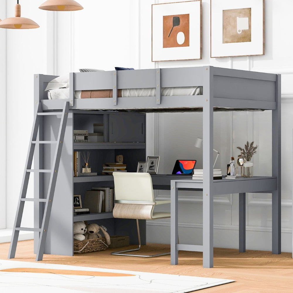 English Elm Full Size Loft Bed with Built-in Desk and Shelving for Kids or Teen Bedrooms LT000802AAE