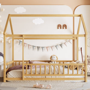 English Elm Twin Pine House Frame Floor Bed with Peaked Roof and Fence Guardrails for Kids Natural W1858P389939