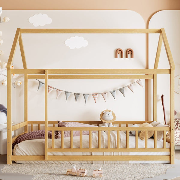 English Elm Twin Pine House Frame Floor Bed with Peaked Roof and Fence Guardrails for Kids Natural W1858P389939