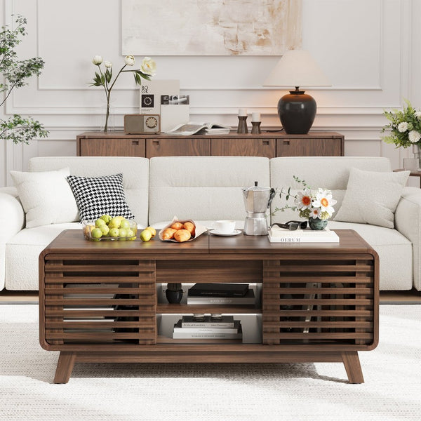 English Elm Coffee Table with Led Lighting Bluetooth Speaker Wireless Charging and Faux Marble Top T3773P419702