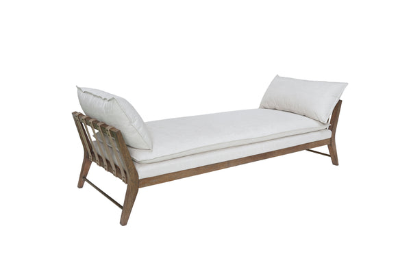 English Elm Daybed White Upholstered with Leather Strap Detail, All Hardwood Frame, Cushions & Pillows Included B2699P238663