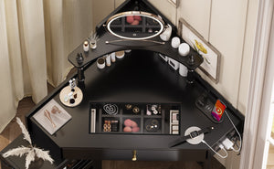 English Elm Corner Vanity Desk Set with Stool Charging Station Glass Top Pull-Out Cabinet Jewelry Organizer Black 35.82 L x 32 W x 8 H N733P336237B