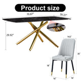 Hearth and Haven Large Modern Minimalist Rectangular Dining Table with 0.39 "Imitation Marble Black Tabletop and Golden Metal Legs, Paired with Chairs with Leatherette Cushions and Black Metal Legs. F-1537 C-007 W1151S00871 W1151S00871