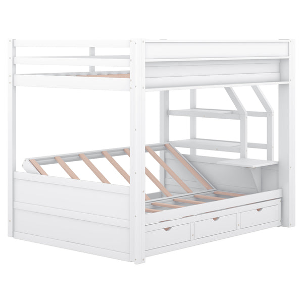 English Elm Wood Full Size Convertible Bunk Bed with Staircase Storage, Bedside Table and 3 Large Drawers, Durable Pine Finish White GX000335AAK-1