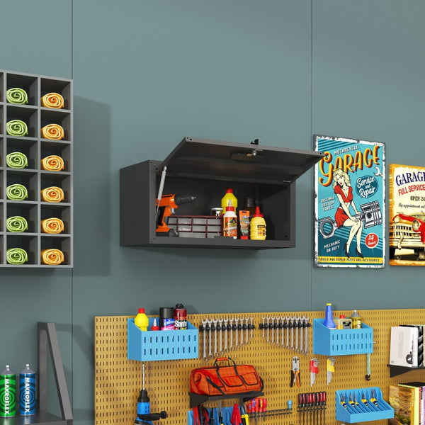 English Elm Heavy Duty Wall Mounted Steel Cabinet Locking Lift Door Garage Workshop Storage Black T2398P236482