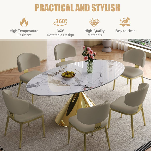 English Elm 71" Modern Luxury Sintered Stone Dining Table with 24K Gold Stainless Base, 71-inch Sleek Oval Design for 4-6 Guests W2700S00045