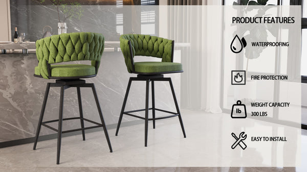 English Elm 26" Swivel Barstools Set of 4 Woven Back Upholstered Counter Seats with Footrest W3732S00009