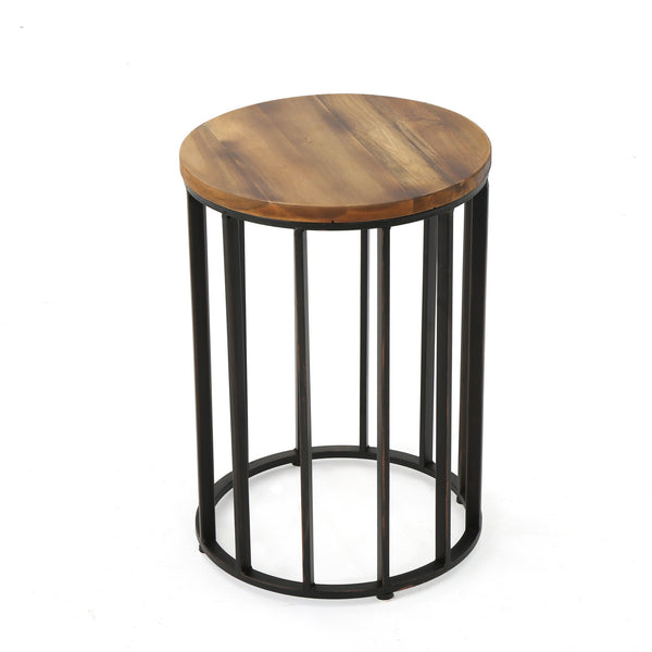 English Elm Christopher Knight Home® - Outdoor Acacia Wood Side Table with Round Solid Top and Black Iron Frame, Handcrafted, 15" 60747.00