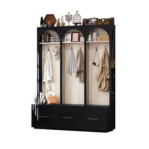 English Elm Farmhouse Hall Tree with Arched Panels Bench Drawers and Hooks for Mudroom Entryway Black W5271S00005