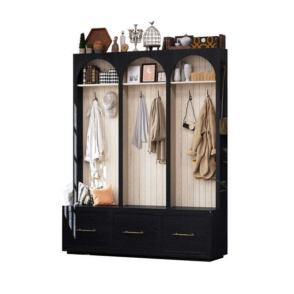 English Elm Farmhouse Hall Tree with Arched Panels Bench Drawers and Hooks for Mudroom Entryway Black W5271S00005
