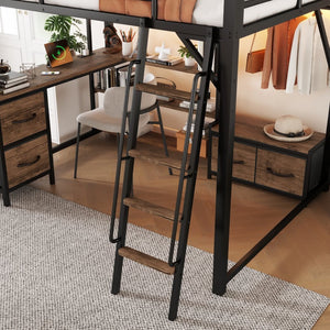 English Elm Queen Size Loft Bed With Desk & Led Lighting - Stylish Metal Bed With Storage & Workstation For Small Spaces W2593S00041-GIGA