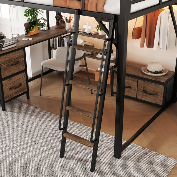 English Elm Queen Size Loft Bed With Desk & Led Lighting - Stylish Metal Bed With Storage & Workstation For Small Spaces W2593S00041-GIGA