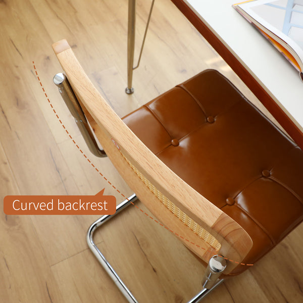 English Elm Dining Mid-Century Cantilever Chairs Set of 2 with Chrome Frame, Rattan Back and Faux Leather Seat Brown W2105P230515