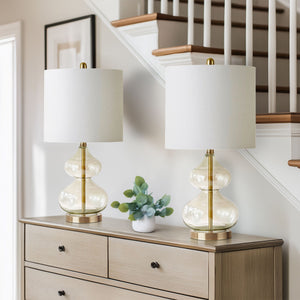 JLA Home 510 Design - Curved gourd glass table lamps set of 2 with stacked sculptural bases, brushed gold accents, white shades, LED bulbs 5DS153-0014