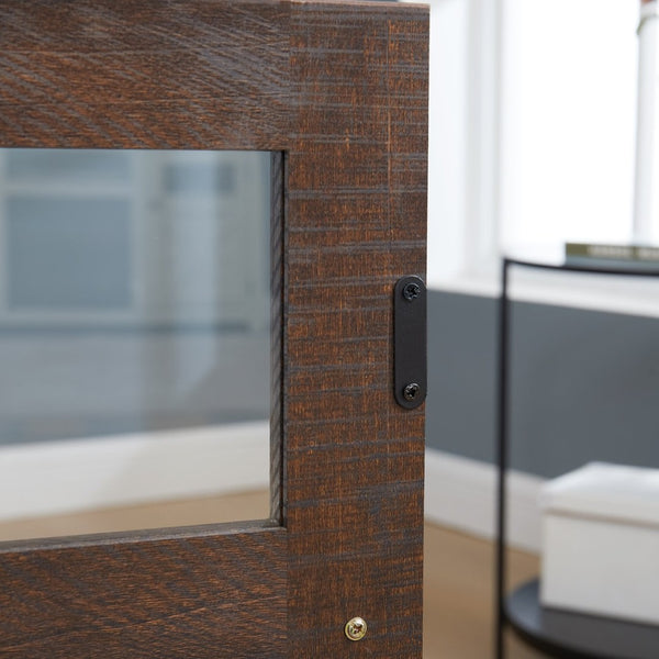 English Elm 2 Door Farmhouse Media Console with Glass Cabinet Panels and Open Shelving for Living Rooms W2275P389693
