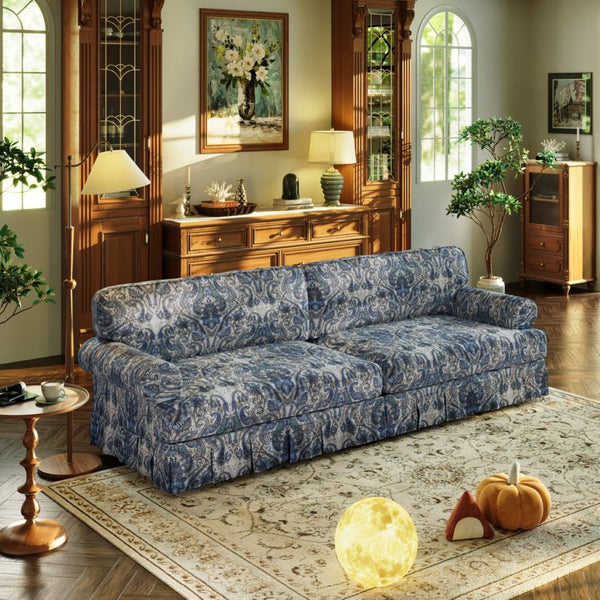 English Elm Luxuriously Deep Chenille Sofa with Pleated Skirt and Rolled Arms for Living Rooms Blue Floral W1885S00295