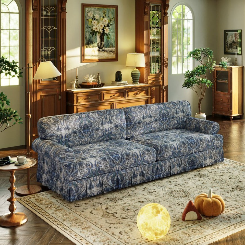 English Elm Chesterfield Velvet King Sleeper Sofa with Nailhead Trim and Rolled Arms for Living Room Blue Floral W1885S00289