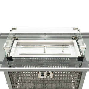 English Elm K&K 43" Propane Gas Fire Pit Table 60000 BTU Open Weave Wicker with Glass Wind Guard & Blue Stones Grey N707P210158G