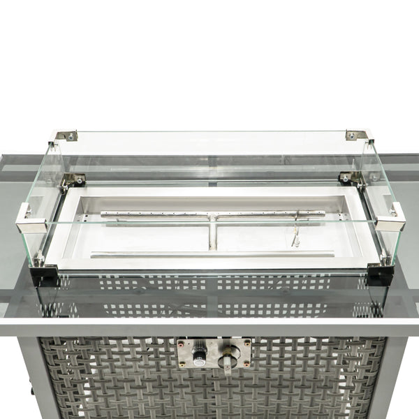 English Elm K&K 43" Propane Gas Fire Pit Table 60000 BTU Open Weave Wicker with Glass Wind Guard & Blue Stones Grey N707P210158G